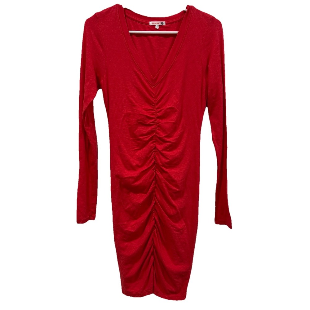 Anthropologie Sundry Women's Size S / 1 Red Ruched Long Sleeve Mini Dress - Picture 3 of 8